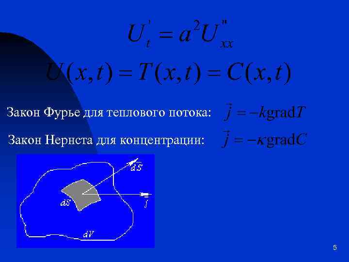 Закон Фурье для теплового потока: Закон Нернста для концентрации: 5 