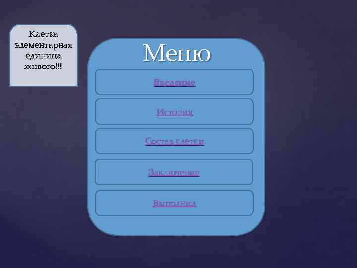 Клетка элементарная единица живого!!! Меню Введение История Состав клетки Заключение Выполнил 