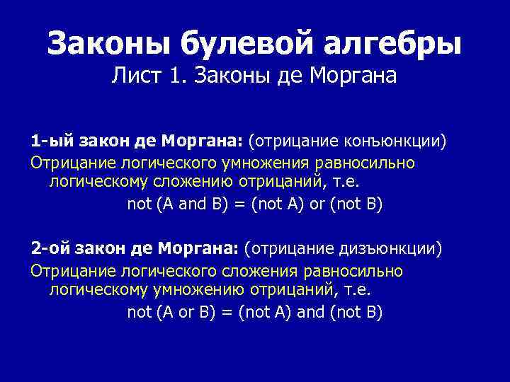 Законы булевой алгебры Лист 1. Законы де Моргана 1 -ый закон де Моргана: (отрицание