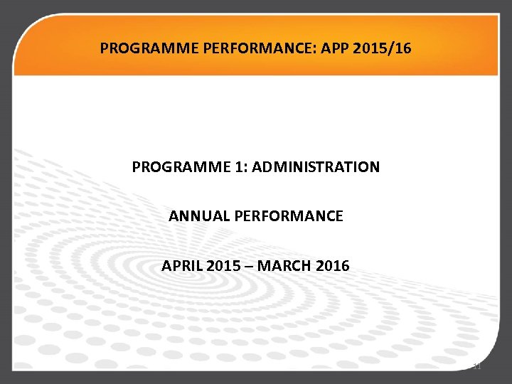 PROGRAMME PERFORMANCE: APP 2015/16 PROGRAMME 1: ADMINISTRATION ANNUAL PERFORMANCE APRIL 2015 – MARCH 2016
