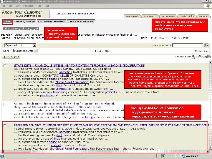 Результаты по новостям показаны в первой вкладке Просто щелкните на вкладках для отображения выведенных