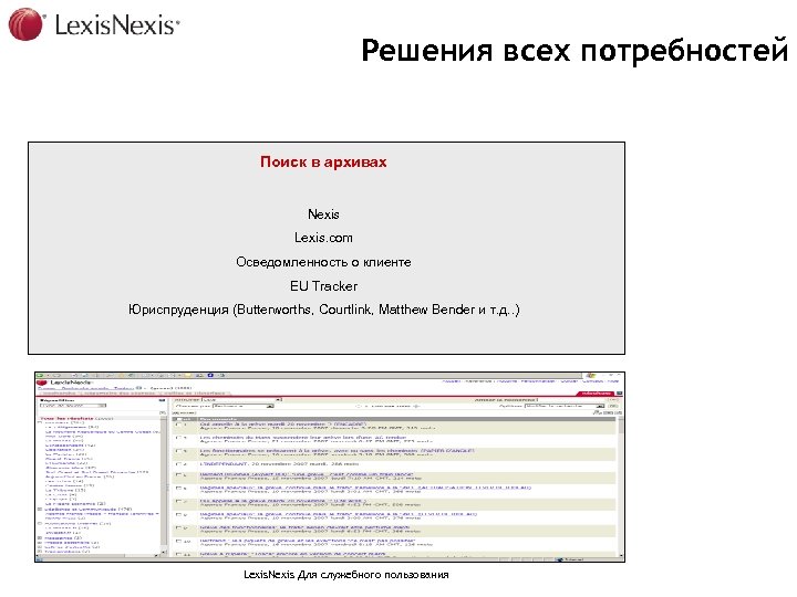Решения всех потребностей Поиск в архивах Nexis Lexis. com Осведомленность о клиенте EU Tracker