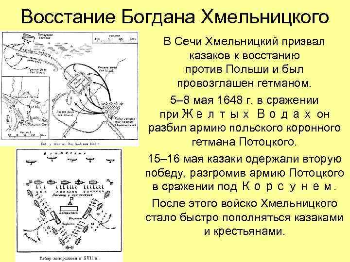 Восстание Богдана Хмельницкого В Сечи Хмельницкий призвал казаков к восстанию против Польши и был