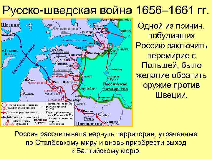 Русско-шведская война 1656– 1661 гг. Одной из причин, побудивших Россию заключить перемирие с Польшей,