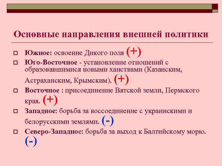 Основные направления внешней политики o o (+) Южное: освоение Дикого поля Юго-Восточное - установление