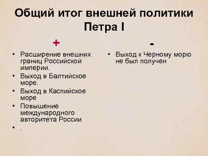 Общий итог внешней политики Петра I + • Расширение внешних границ Российской империи. •