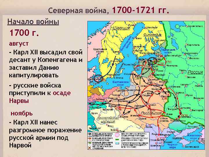 Северная война, 1700 -1721 гг. Начало войны 1700 г. август - Карл XII высадил