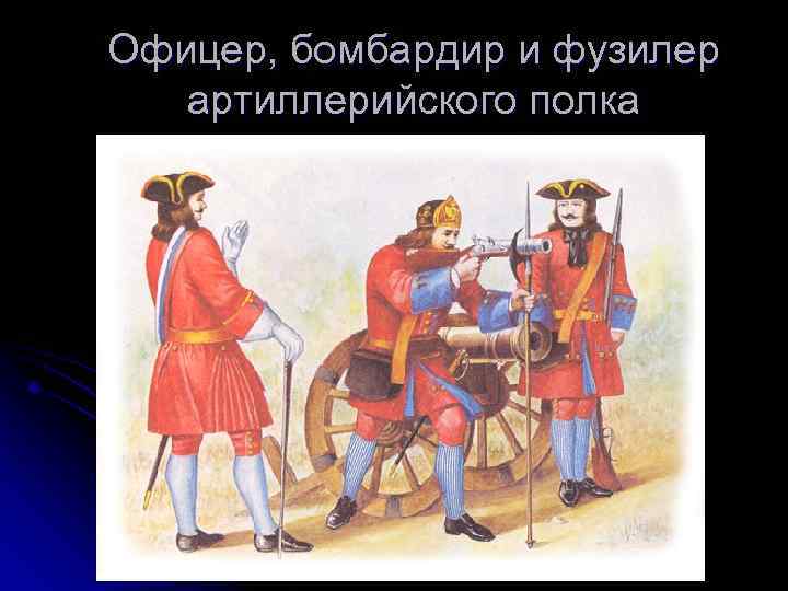 Офицер, бомбардир и фузилер артиллерийского полка 