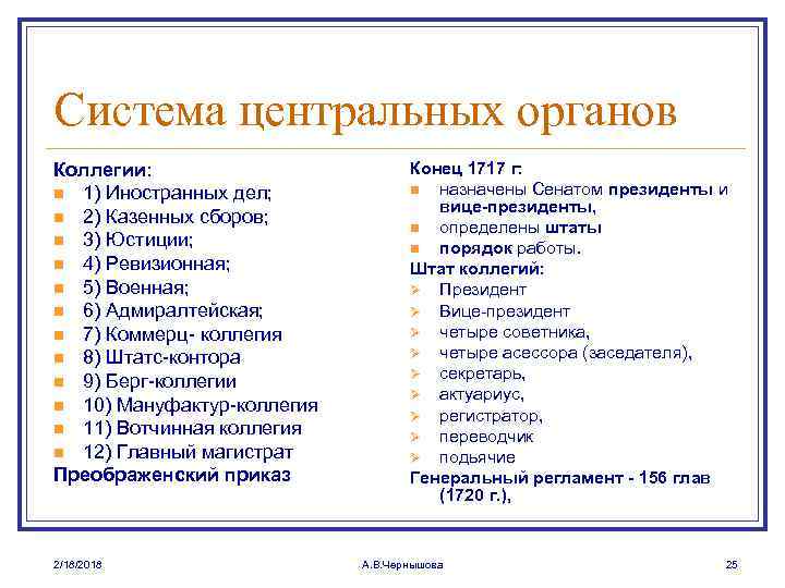 Система центральных органов Коллегии: n 1) Иностранных дел; n 2) Казенных сборов; n 3)