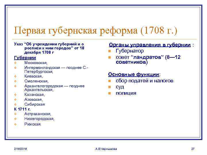Первая губернская реформа (1708 г. ) Указ “Об учреждении губерний и о росписи к