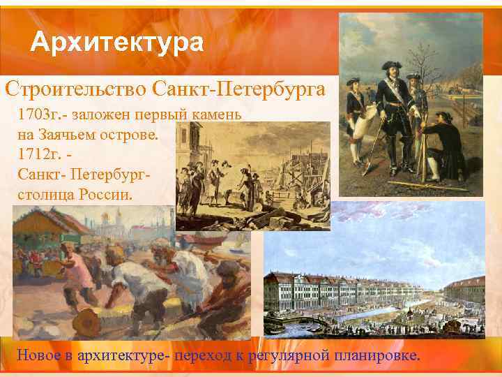 Архитектура Строительство Санкт-Петербурга 1703 г. - заложен первый камень на Заячьем острове. 1712 г.