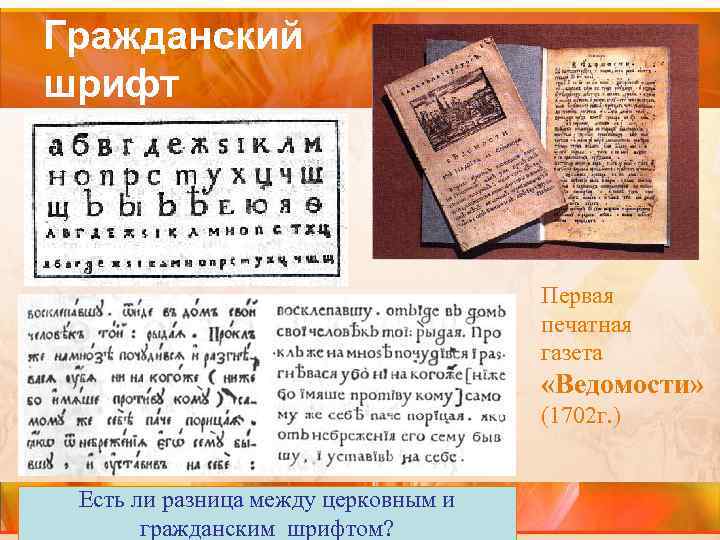 Гражданский шрифт Первая печатная газета «Ведомости» (1702 г. ) Есть ли разница между церковным