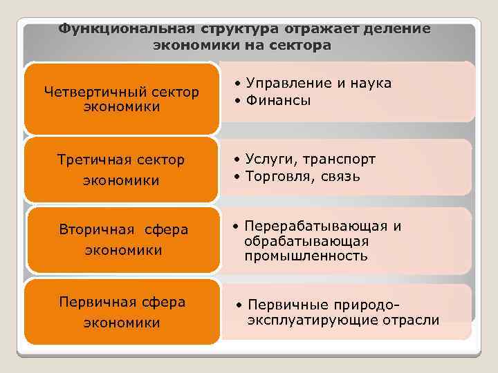  Функциональная структура отражает деление экономики на сектора Четвертичный сектор экономики • Управление и