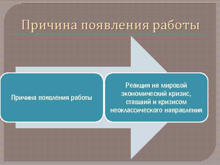 Причина появления работы Реакция на мировой экономический кризис, ставший и кризисом неоклассического направления 