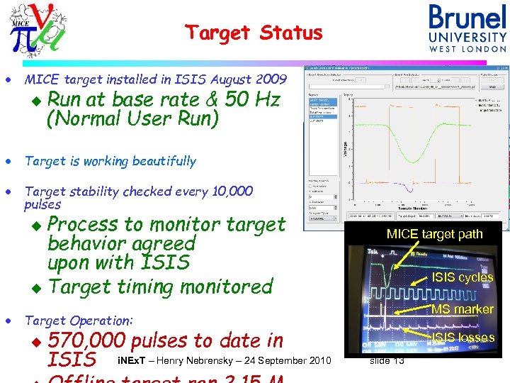 Target Status · MICE target installed in ISIS August 2009 u Run at base