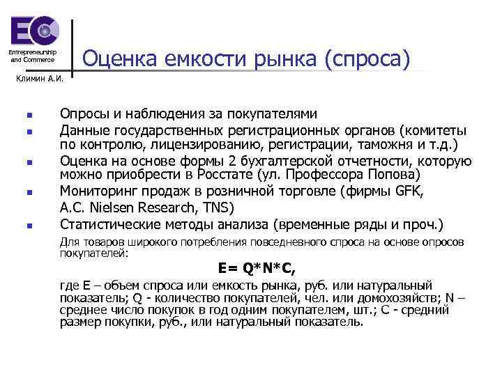 Оценка емкости рынка (спроса) Entrepreneurship and Commerce Климин А. И. n n n Опросы
