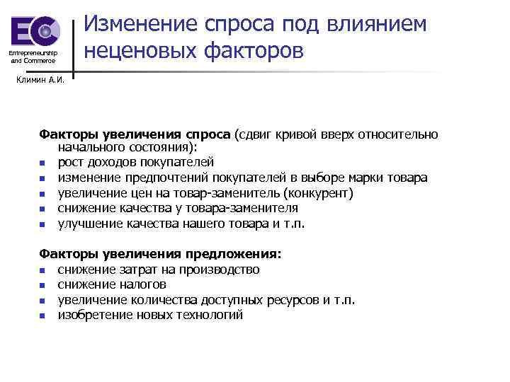 Entrepreneurship and Commerce Изменение спроса под влиянием неценовых факторов Климин А. И. Факторы увеличения
