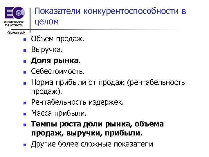 Entrepreneurship and Commerce Климин А. И. n n n n n Показатели конкурентоспособности в