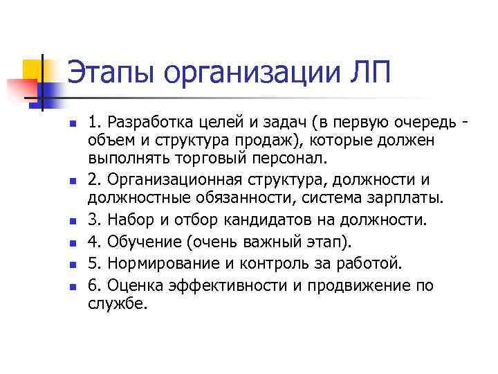 Этапы организации ЛП n n n 1. Разработка целей и задач (в первую очередь