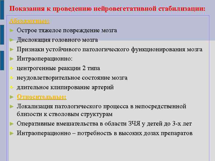Показания к проведению нейровегетативной стабилизации: Абсолютные: ► Острое тяжелое повреждение мозга ► Дислокация головного