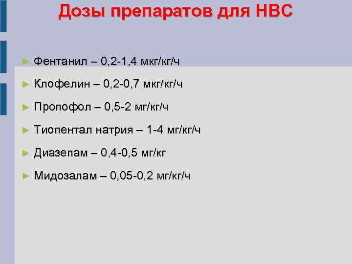 Дозы препаратов для НВС ► Фентанил – 0, 2 -1, 4 мкг/кг/ч ► Клофелин