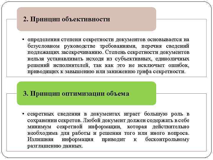 2. Принцип объективности • определения степени секретности документов основывается на безусловном руководстве требованиями, перечня