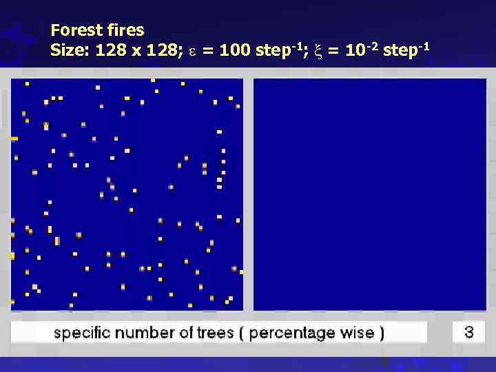 Forest fires Size: 128 x 128; = 100 step-1; = 10 -2 step-1 