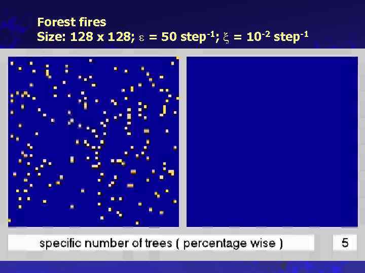 Forest fires Size: 128 x 128; = 50 step-1; = 10 -2 step-1 