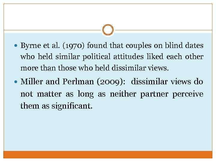  Byrne et al. (1970) found that couples on blind dates who held similar