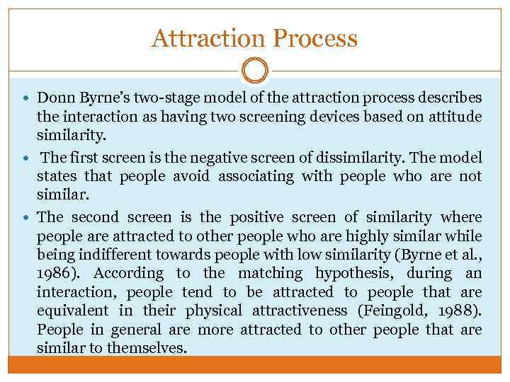 Attraction Process Donn Byrne’s two-stage model of the attraction process describes the interaction as