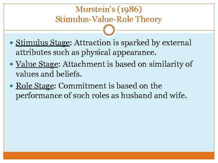 Murstein’s (1986) Stimulus-Value-Role Theory Stimulus Stage: Attraction is sparked by external attributes such as