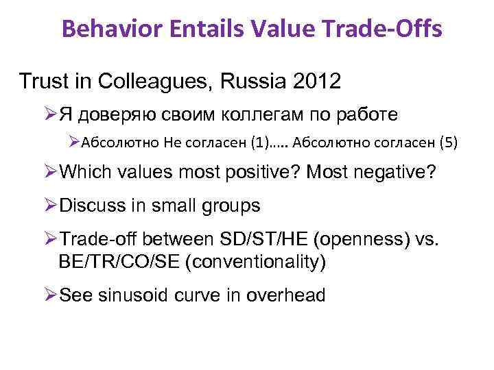 Behavior Entails Value Trade-Offs Trust in Colleagues, Russia 2012 ØЯ доверяю своим коллегам по