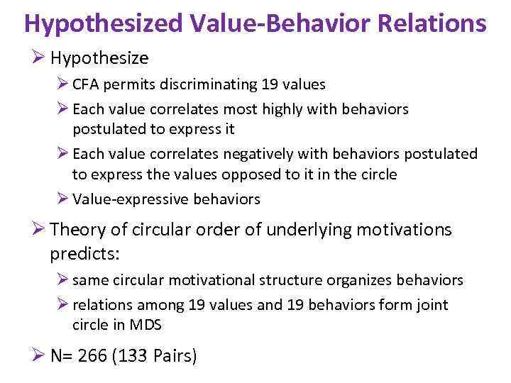 Hypothesized Value-Behavior Relations Ø Hypothesize Ø CFA permits discriminating 19 values Ø Each value