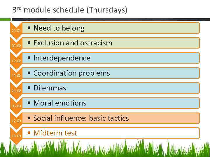 3 rd module schedule (Thursdays) 29. 01 • Need to belong 05. 02 •