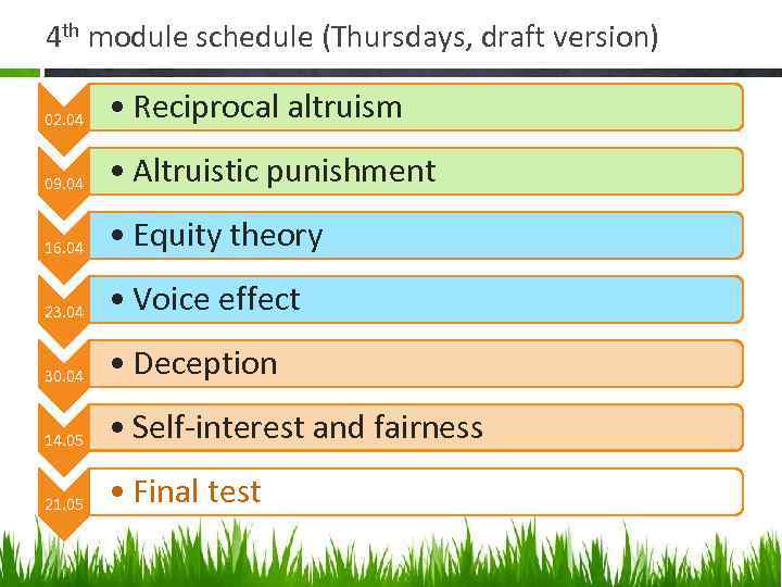4 th module schedule (Thursdays, draft version) 02. 04 • Reciprocal altruism 09. 04