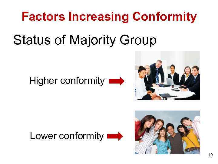 Factors Increasing Conformity Status of Majority Group Higher conformity Lower conformity 19 