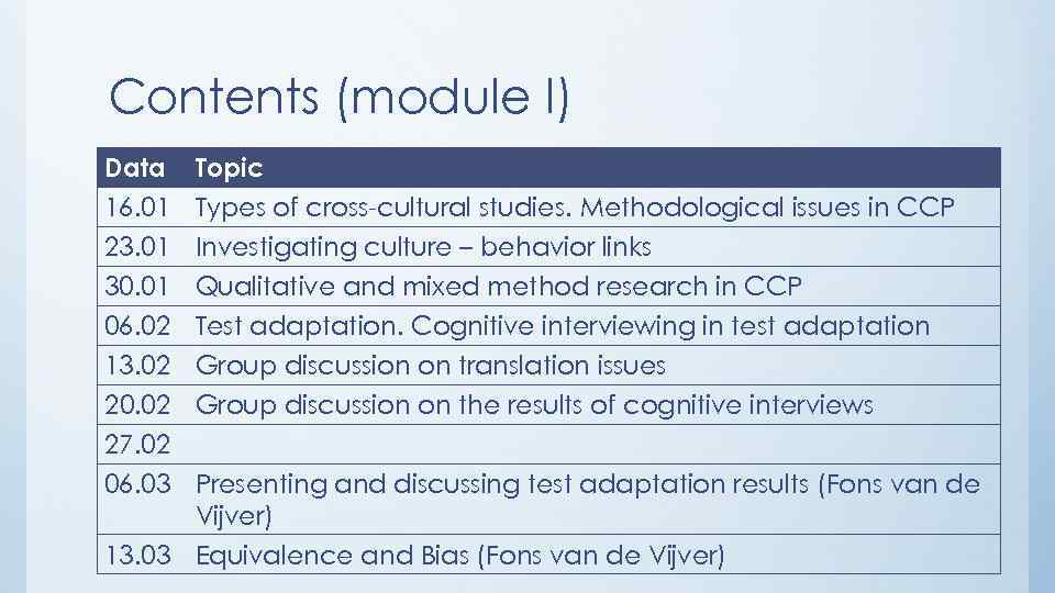 Contents (module I) Data 16. 01 23. 01 30. 01 Topic Types of cross-cultural