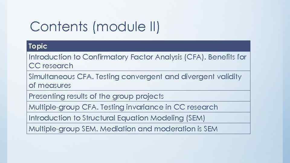 Contents (module II) Topic Introduction to Confirmatory Factor Analysis (CFA). Benefits for CC research