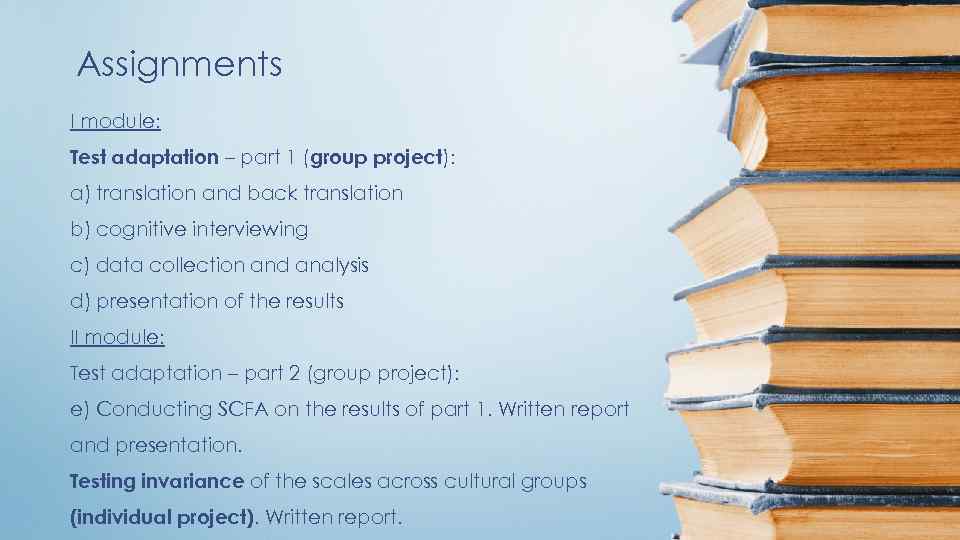 Assignments I module: Test adaptation – part 1 (group project): a) translation and back