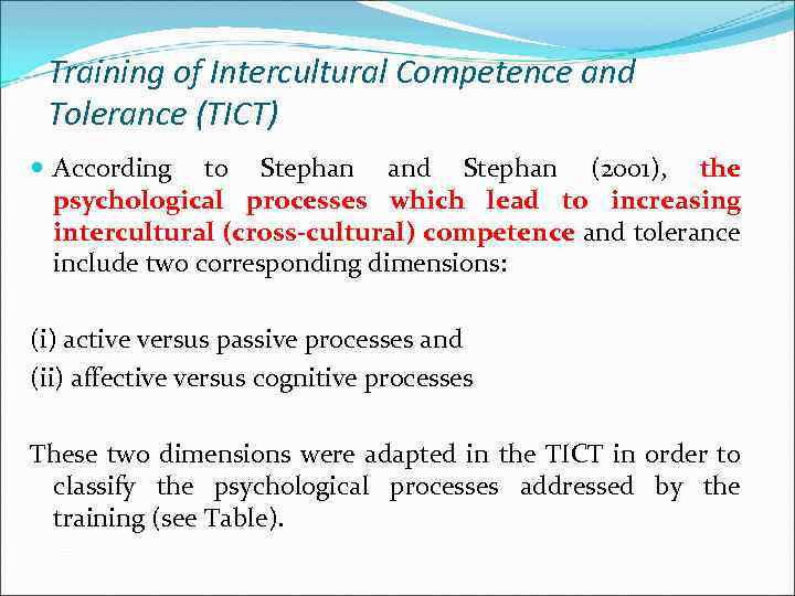 Training of Intercultural Competence and Tolerance (TICT) According to Stephan and Stephan (2001), the