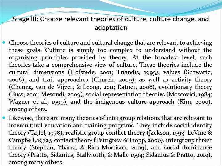 Stage III: Choose relevant theories of culture, culture change, and adaptation Choose theories of