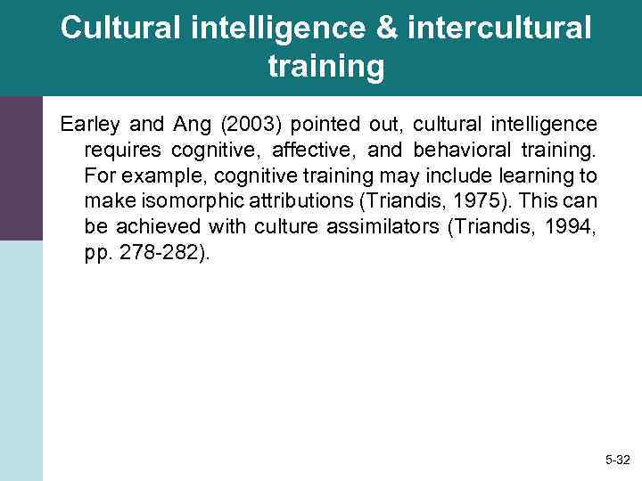 Cultural intelligence & intercultural training Earley and Ang (2003) pointed out, cultural intelligence requires
