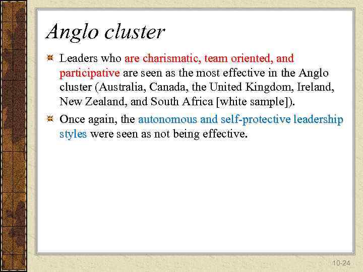 Anglo cluster Leaders who are charismatic, team oriented, and participative are seen as the