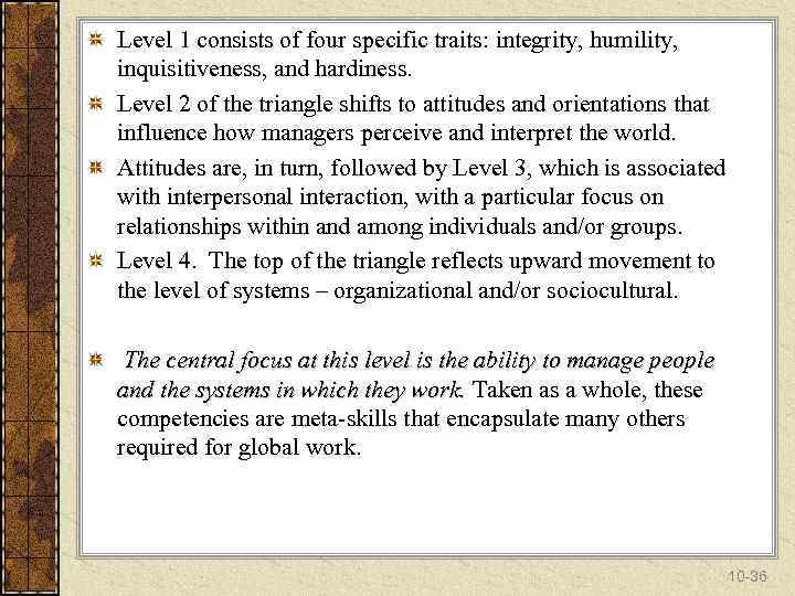 Level 1 consists of four specific traits: integrity, humility, inquisitiveness, and hardiness. Level 2