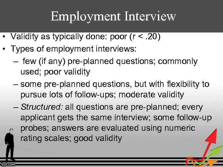 Employment Interview • Validity as typically done: poor (r <. 20) • Types of