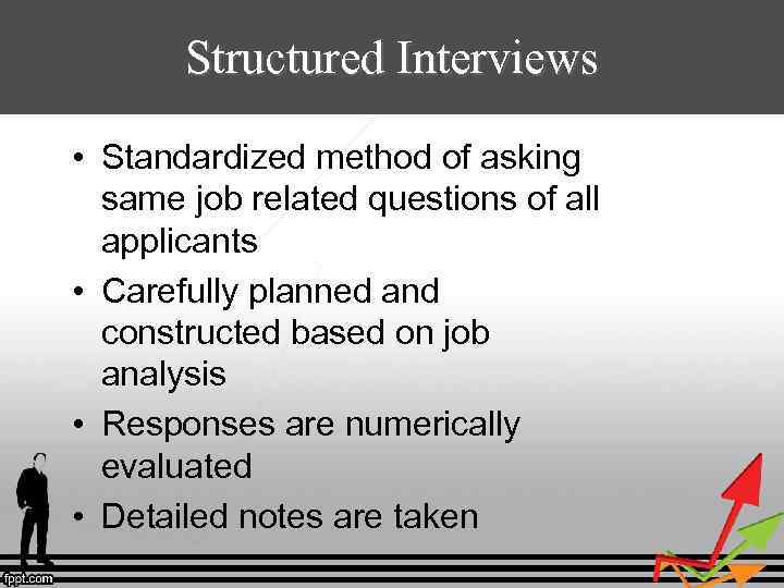 Structured Interviews • Standardized method of asking same job related questions of all applicants