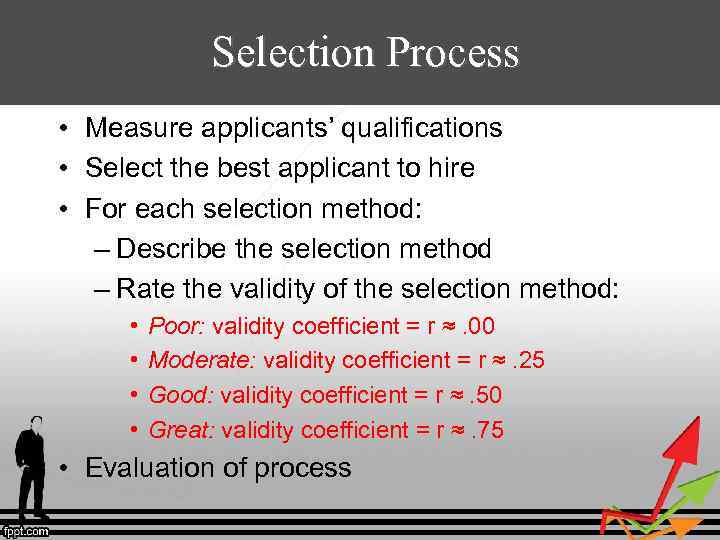 Selection Process • Measure applicants’ qualifications • Select the best applicant to hire •