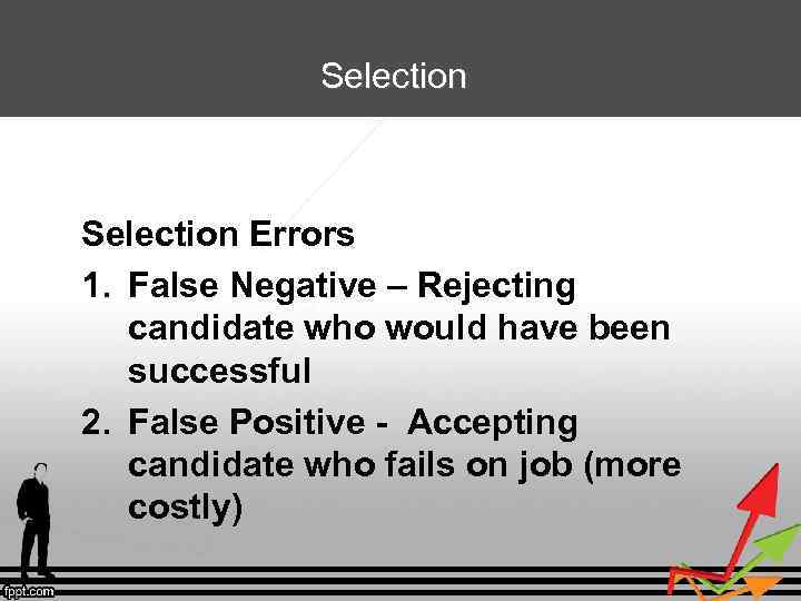 Selection Errors 1. False Negative – Rejecting candidate who would have been successful 2.