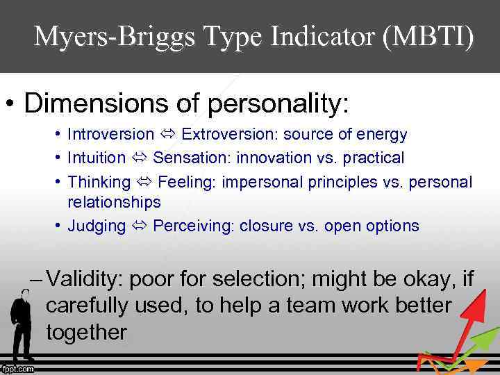 Myers-Briggs Type Indicator (MBTI) • Dimensions of personality: • Introversion Extroversion: source of energy