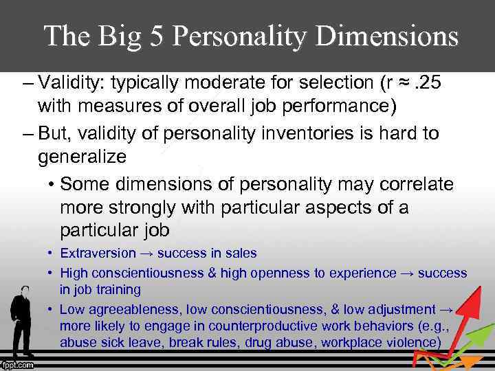 The Big 5 Personality Dimensions – Validity: typically moderate for selection (r ≈. 25